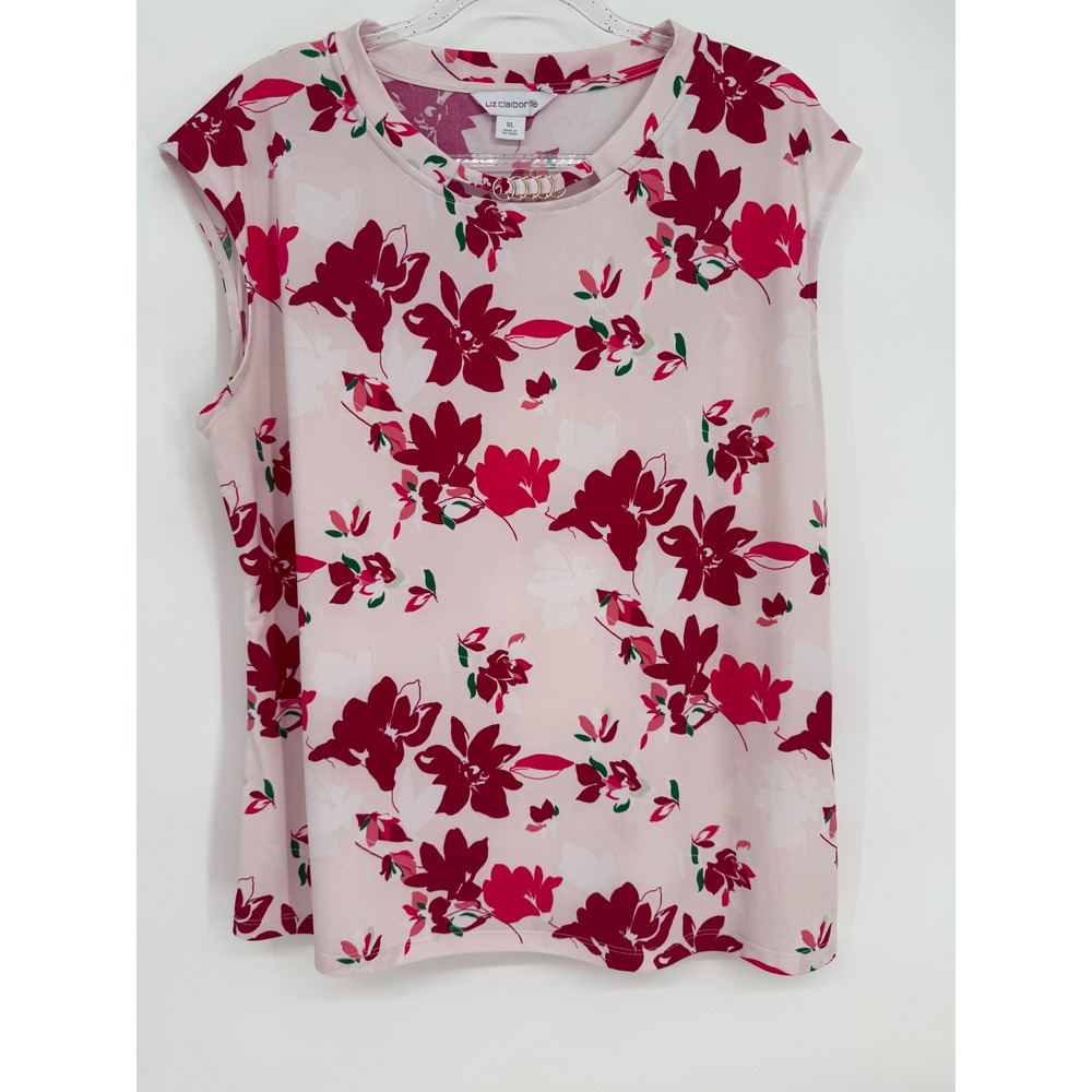 Liz Claiborne Pink Floral Cap Sleeve Knit Top Gold Chain Neck Sz XL
